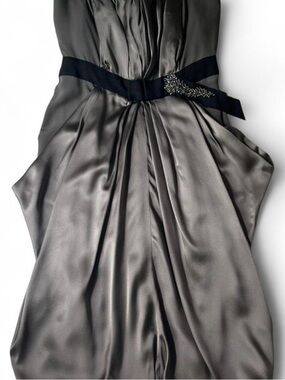 J. Mendel Strapless Satin Gown in Pewter with Black Waist Ribbon